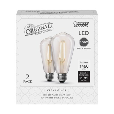 Feit Electric Feit ST19 E26 (Medium) Filament LED Bulb Soft White 100 Watt Equivalence 2 pk ST19100CL927CA2